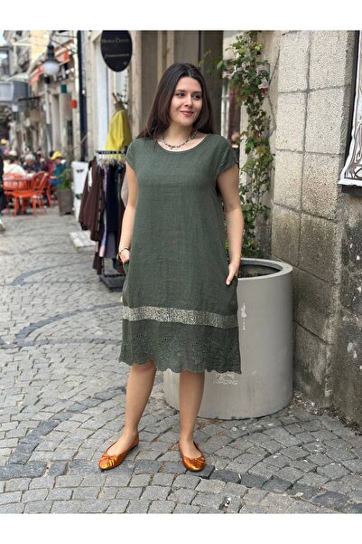 HATİCE CİVELEK Pul İşlemeli Fisto Detay İtalyan Keten Elbise 22611