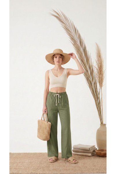 STRAVON Women's 100% Cotton Muslin Palazzo High Waist Comfortable Fit Linen Trousers