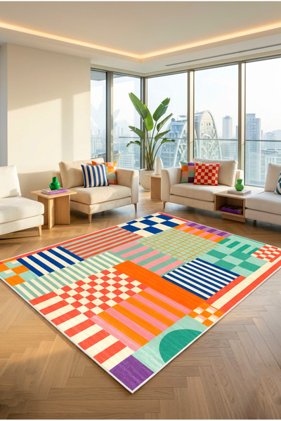 Decomia Home Dijital Kaymaz Yıkanabilir Renkli Retro Desenli Salon Halısı Mut...