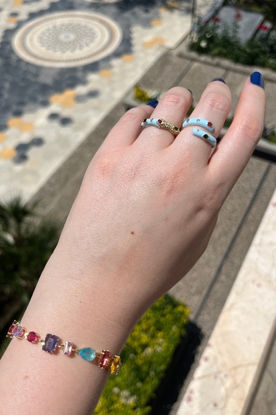 Asteria Jewelry خاتم قابل للتعديل مرصع بالأحجار الملونة باللون الأزرق المينا
