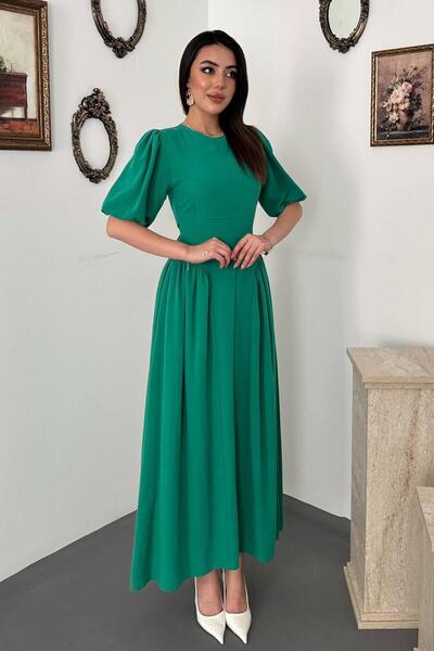 Caddebostan Moda فستان من الكتان برباط خلفي، فستان صيفي بأكمام بالونية متوسط ...