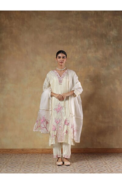 PRIYA'S PANACHE Embroidered Tissue Silk Kurta Set for Women with Dupatta & Pa...