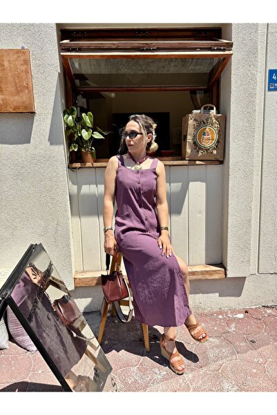 Gözde Tasarım Butik فستان نسائي طويل ماكسي بلون البرقوق مع أشرطة سميكة وجيوب ...