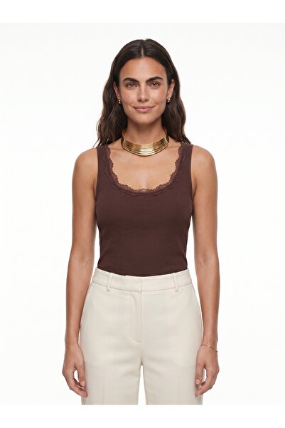 ONLOOX Bitter Brown Cotton Stretch Fabric U-Neck Slim Fit Lace Detailed Sleev...