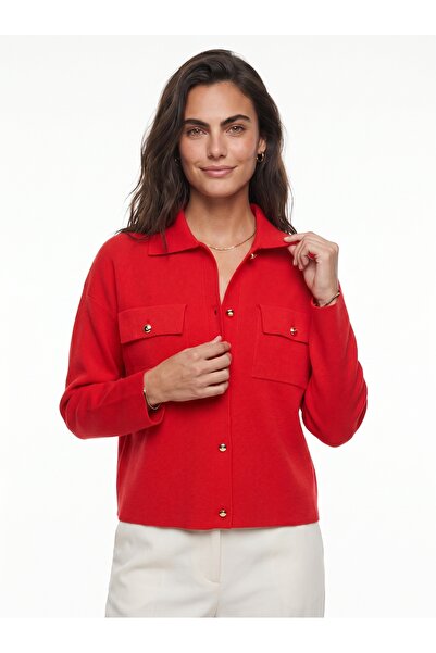 ONLOOX Red Knitwear Textured Shirt Collar Long Sleeve Gold Button Detailed Do...