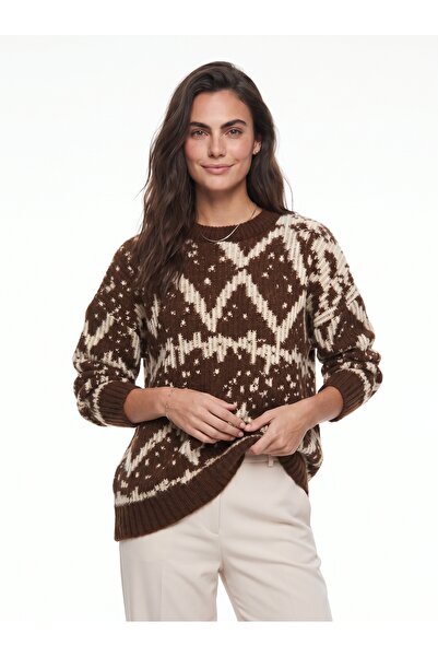 ONLOOX Brown Cream Knitwear Crew Neck Oversize Patterned Long Sleeve Relaxed ...