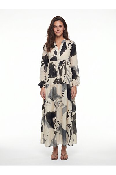 ONLOOX Cream Gray Viscose Half Button Detailed Relaxed Cut Patterned Layered ...