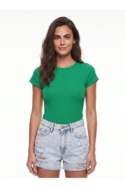 ONLOOX Green Cotton Ribbed Camisole Stretchy Fabric Crew Neck Short Sleeve Kn...