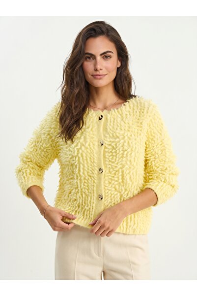 ONLOOX Yellow Knitwear Fabric Crew Neck Oversize Fringed Detailed Buttoned Kn...
