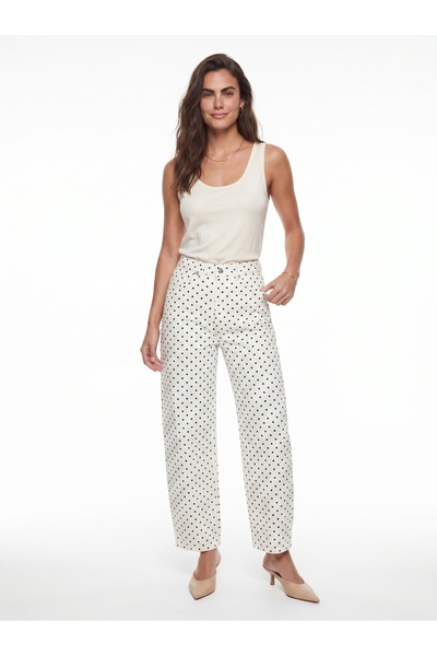 ONLOOX White Black Cotton High Waist Straight Fit Pocketed Polka Dot Patterne...