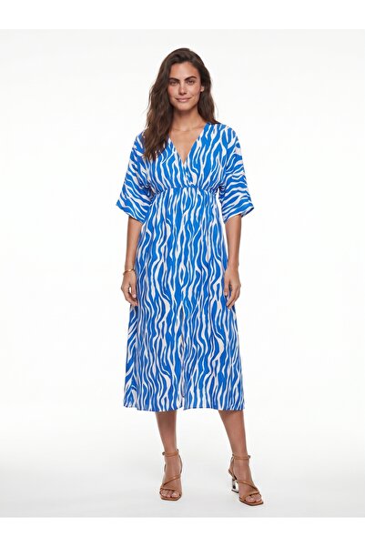 ONLOOX Blue and White Double Breasted Collar Patterned Flared Cut Slit Detail...