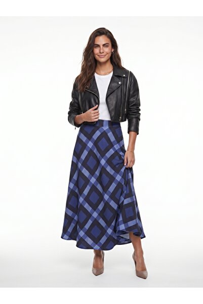ONLOOX Blue Polyester Woven Fabric Maxi Length Flared Cut Lined Plaid Pattern...