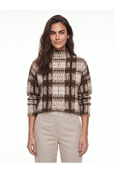 ONLOOX Coffee Ecru Brushed Effect Shirred Knitted Fabric High Neck Long Sleev...