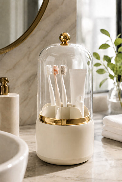 Poomy 7 Bölmeli Kapaklı Diş Fırçalık Gold Detaylı Banyo Düzenleyici Organizer