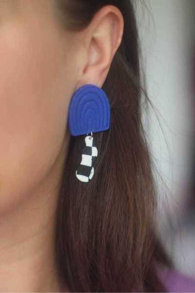 Nina Luz Blue Rainbow Earrings | Checkerboard Cercei din argilă polimerică | ...
