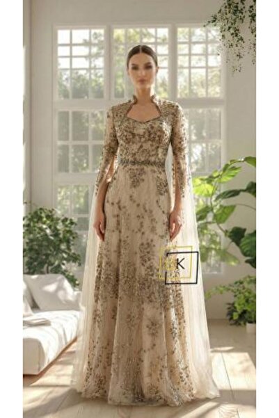 Generic Royal Evening Gown Full Beading Dress with Chiffon Winged Sleeves