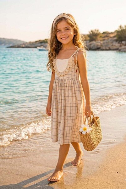Cantoy Ruffle Collar Straw Beaded Square Patterned Girls' Summer Dress 4-7 Years