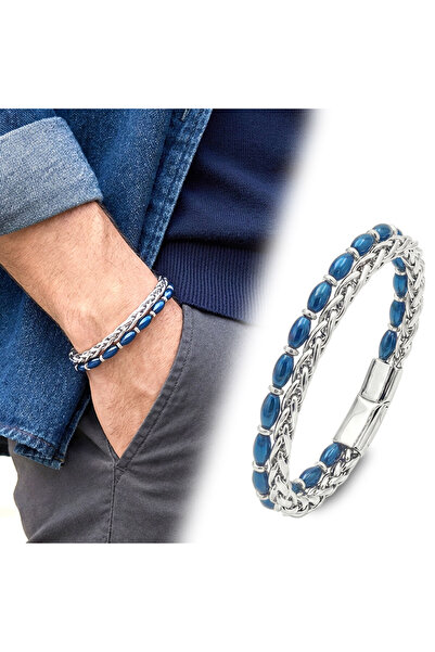 Parmas Design سوار رجالي من الفولاذ الأزرق الهيماتيت مع سلسلة، هدية فاخرة، رق...
