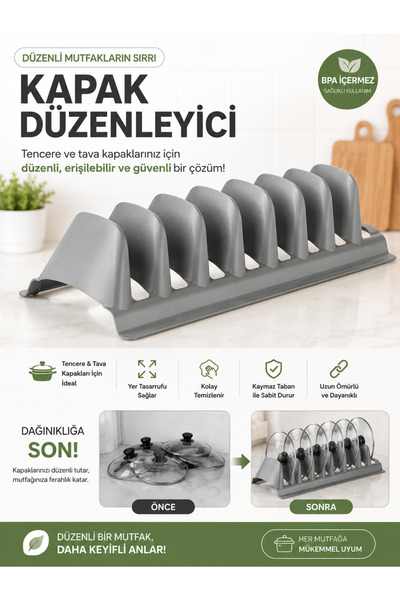 Funny Life 8 Gözlü Tencere Kapak Düzenleyici Organizer Raf Mutfak Dolap İçi K...
