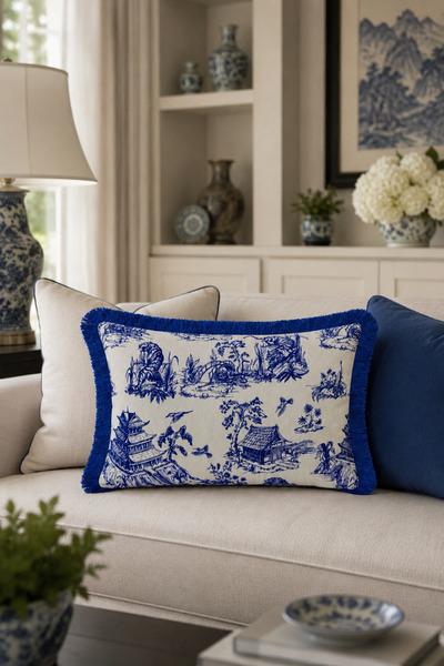 LUX VIE Toile De Jouy Patterned Tasseled Babyface Woven Decorative Throw Pill...