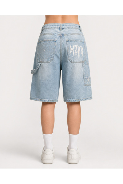 None Wear Mavi Taşlamalı MZKD Spider Y2K Baggy Unisex Şort