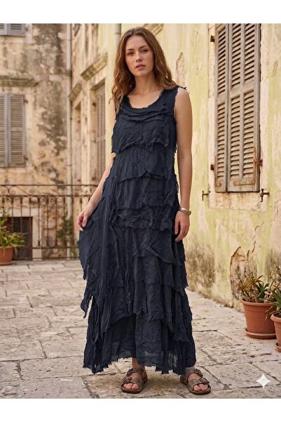 AYASOFYA OTANTIK Women's Italian Navy Blue Layered Sleeveless Long Silk Dress