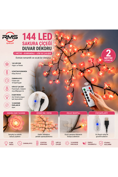 RMSGRUP RMS Sakura Çiçeği 144 LED Duvar Dekoru Kumandalı USB Dekoratif Aydınl...