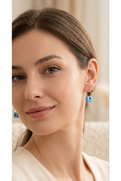 Nurtakı Blue Cube Bead Pierced Thin Hoop Earrings - Modern Women's Earring