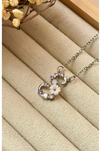 Tiştok accessory Çelik Zincir Gümüş Renk Çiçekli Mineli Harfi Vintage Kolye- ...