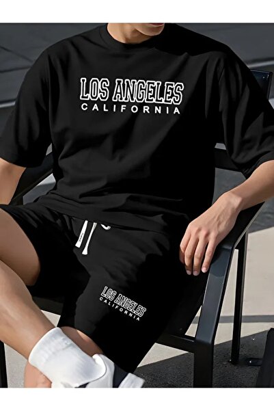 LOTS MODA Men's Oversize Los Angeles Printed Shorts Set Streetwear Summer Com...