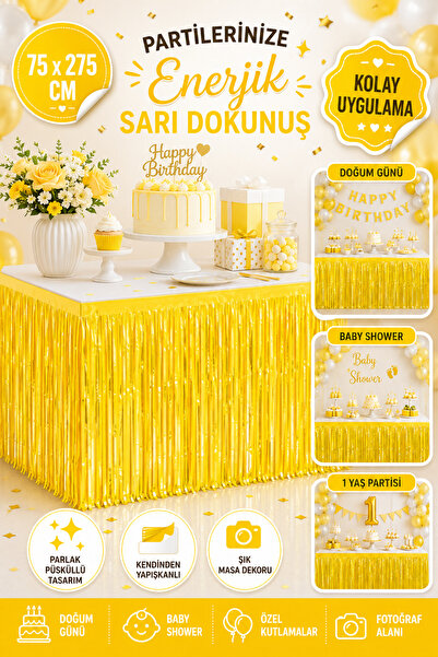 Tamsena Store Makaron Sarı Püsküllü Masa Eteği 75x275 cm Kendinden Yapışkanlı...