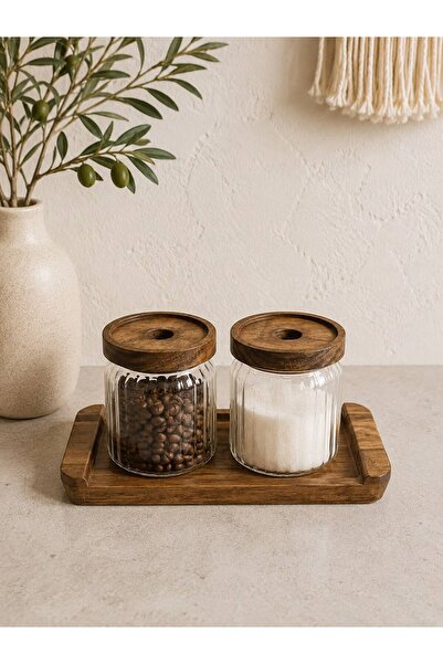 LEONEV 2-Pack Borosilicate Glass Jars with Acacia Lids and Acacia Stand (500ml)