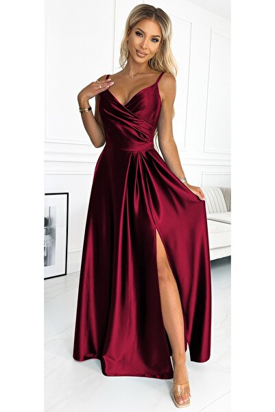 OEM Rochie lungă maxi elegantă din satin pe umeri - VISINIU de Sarbatori