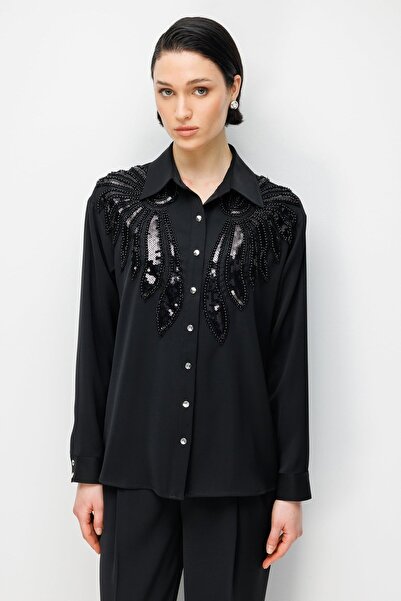 Rain and River Beaded appliqué oversize shirt black