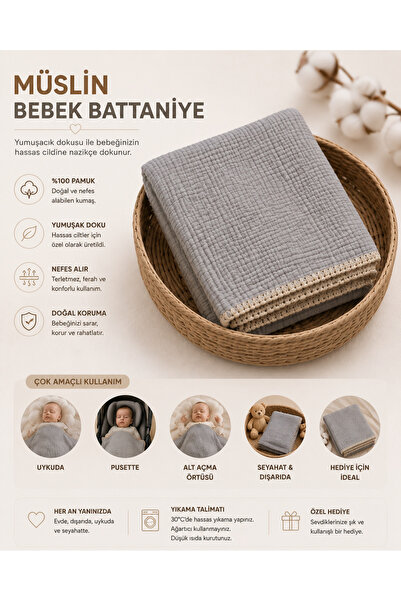 🩶 Çoban Dikişli Müslin Bebek Battaniyesi %100 Pamuk Gri 100x110 cm