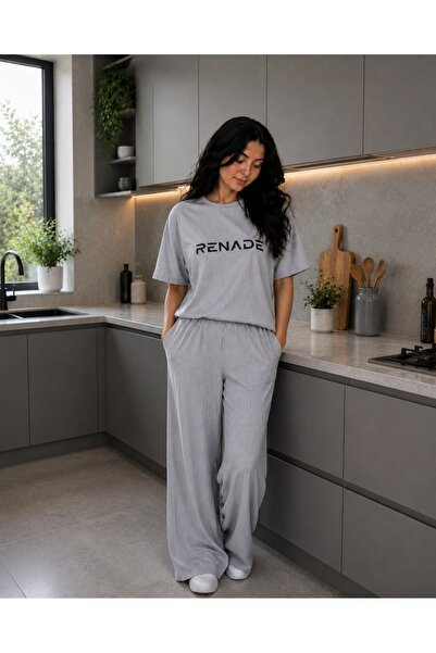 1way T-Shirt Pajamas with Elastic Wide-Leg Pants Home Set Fashionable and Com...