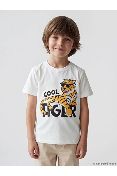 LC Waikiki LCW Kids White Crew Neck Αγόρι μπλουζάκι με στάμπα
