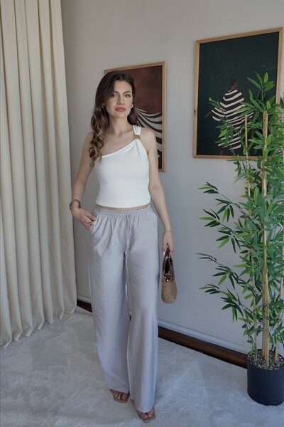 MEECY Ženske široke pantalone od lana sa džepovima