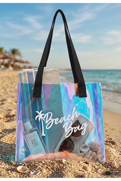 STEPDIAMOND Hologram Kadın Beach Bag Baskılı Şeffaf Yazlık Plaj Omuz Çantası