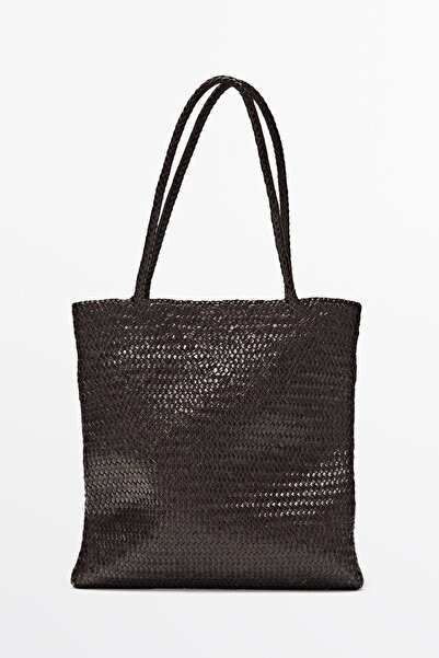 Massimo Dutti Orta boy örgülü napa deri tote çanta