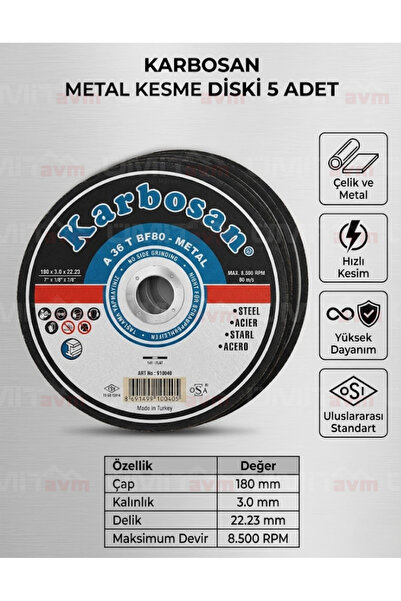 KARBOSAN Metal Demir Kesme Diski 180x3.0 mm Büyük Spiral Taşı 5 Adet