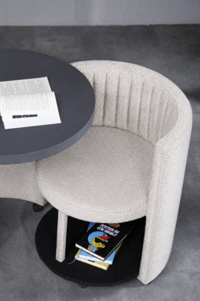 Meşe Home Marvel Tezgahlı Depolama Alanlı Tekerlekli Nubuk Kumaş Puf - Bench Çalışma Masası