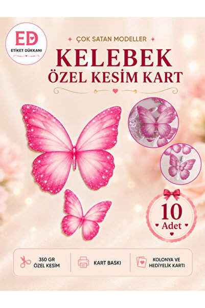 ETİKETİM Kelebek Tasarımlı Özel Kesim Kart | Kolonya ve Hediyelik - 10 ADET