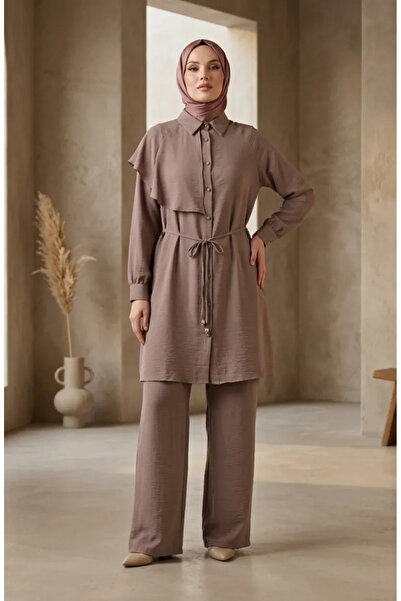 sefamerve Cape Detailed Buttoned Hijab Double Set 2282-01 Mink