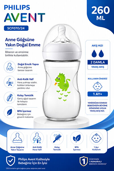 Philips Avent Scf070/24 Natural Baby Bottle 260 ml 1 Month+ Slow Flow 2 Drop ...