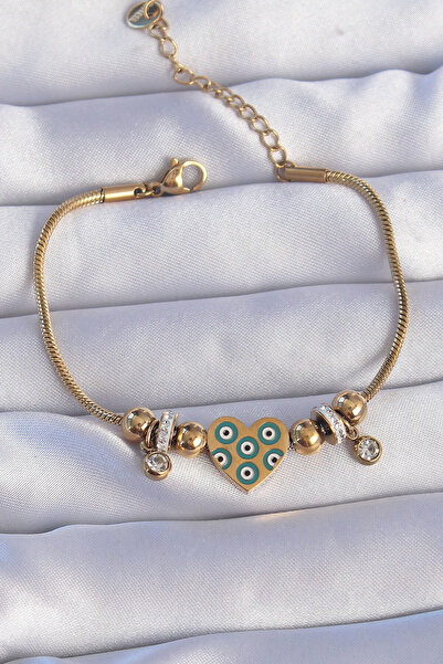 OGHAMAY 316L Steel Gold Color Zircon Stone Evil Eye Heart Design Bracelet