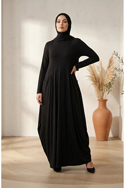 sefamerve Sandy Fabric Pocket Hijab Dress 5656-05 Black