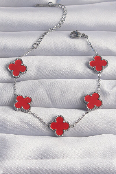 OGHAMAY 316L Steel Silver Color Red Enamel Clover Bracelet