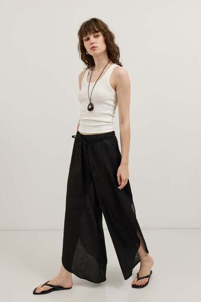 Antioch Black Linen Blend Slit Women's Trousers
