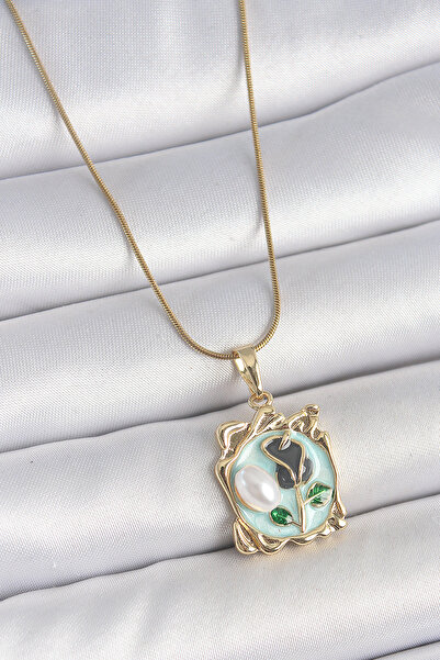 OGHAMAY 316L Steel Gold Color Chain Blue Enamel Flower Embroidered Pearl Deta...